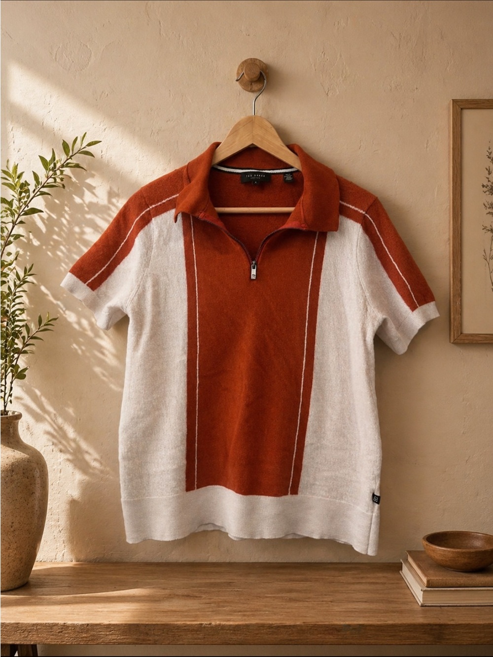 Ted Baker men’s Rust and Cream wool Short Sleeve Zip Polo shirt M